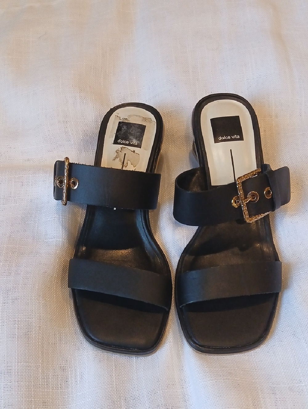 Dolce Vita Black Slide Sandals with Gold Buckles